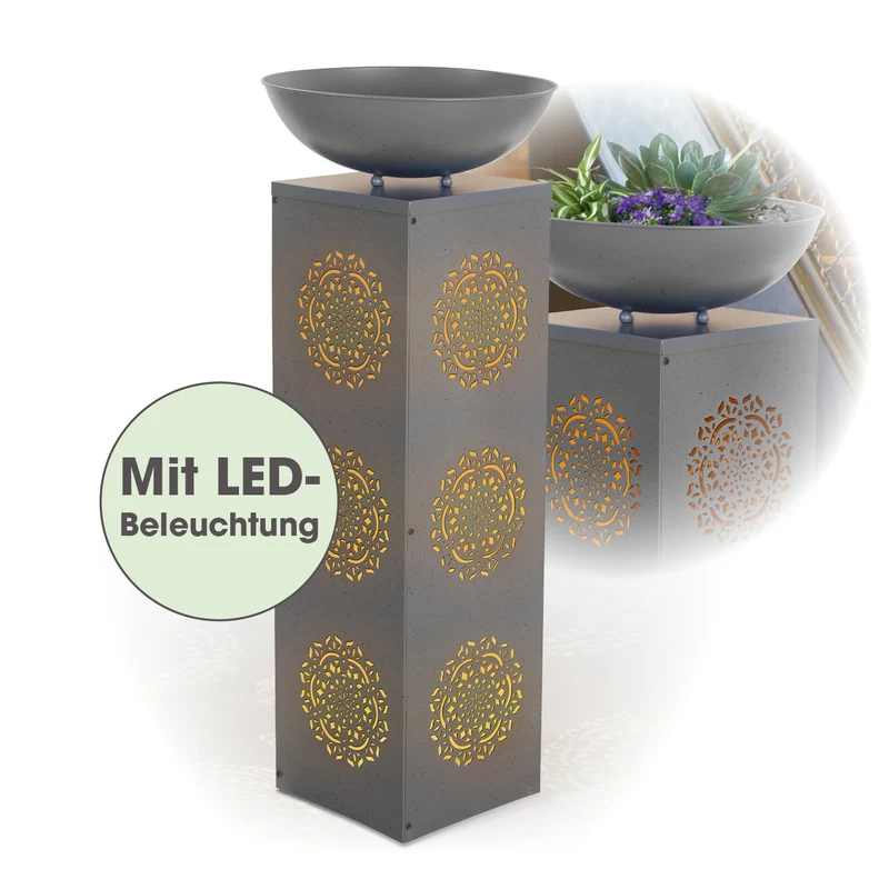 LED-Dekosäule Beton-Optik mit Pflanzschale Mandala - 87 cm - Grau