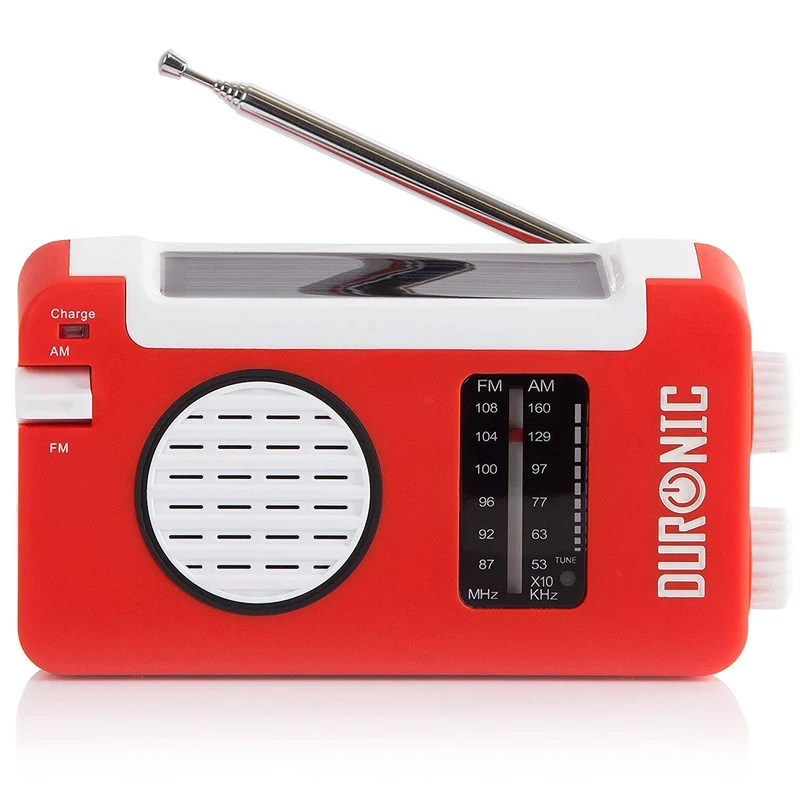 Duronic Hybrid Radio AM/FM | Aufladbar mit Solar, Kurbel und USB | 300mAh Akku | Bis zu 7h Musik | Mit Kopfhöreranschluss | Notfallradio | Kompaktradio für Camping und Outdoor