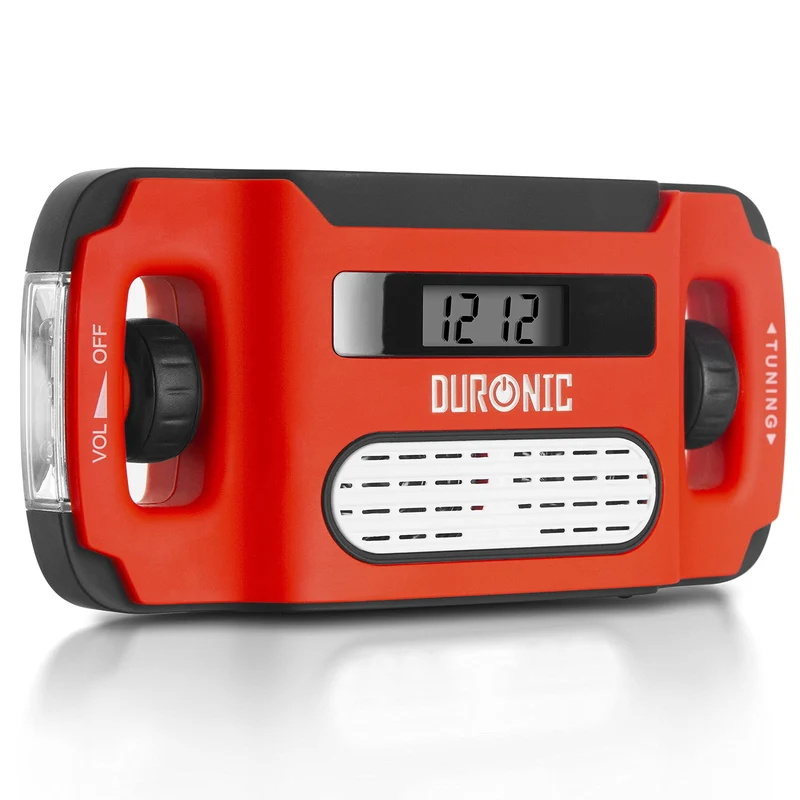 Duronic Apex Radio AM/FM | Radiowecker mit Taschenlampe | Aufladbar mit Solar, Kurbel und USB | 300mAh Akku | Bis zu 7h Musik | Ladefunktion für Handy | Notfallradio