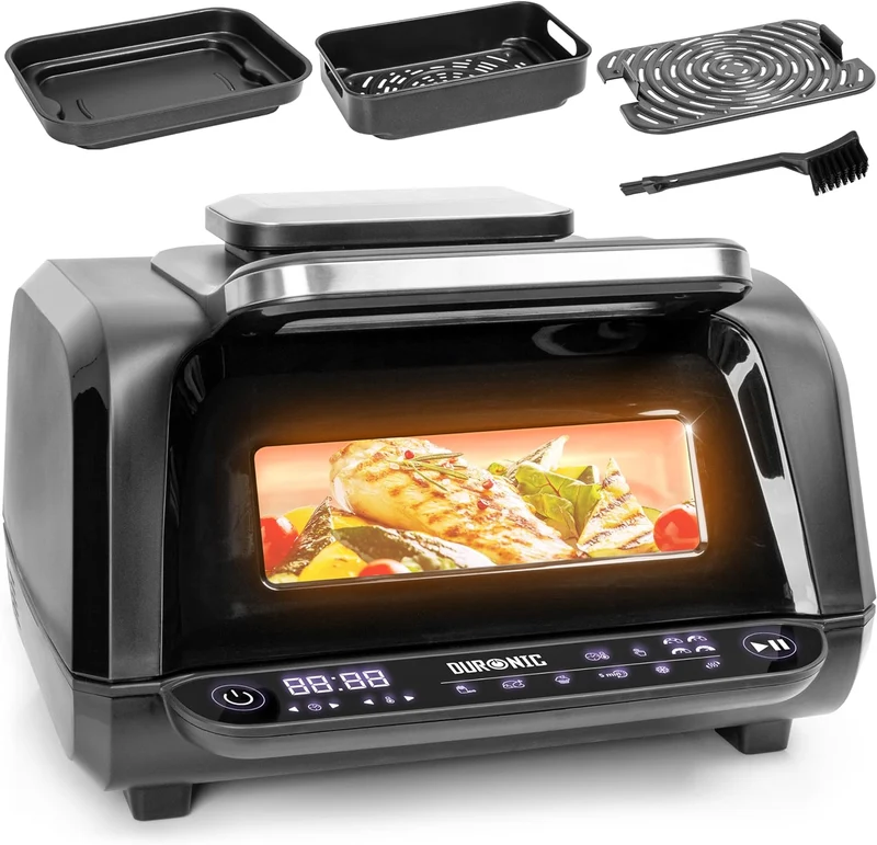 Duronic FG19 Air Fryer Grill, Heißluftfritteuse für Süßkartoffel-Pommes, Mini Backofen Heißluftfriteuse mit 3 Backleche, 2 Personen HLF Friteuse für beste Rezepte, Fritteuse zum Brot backen