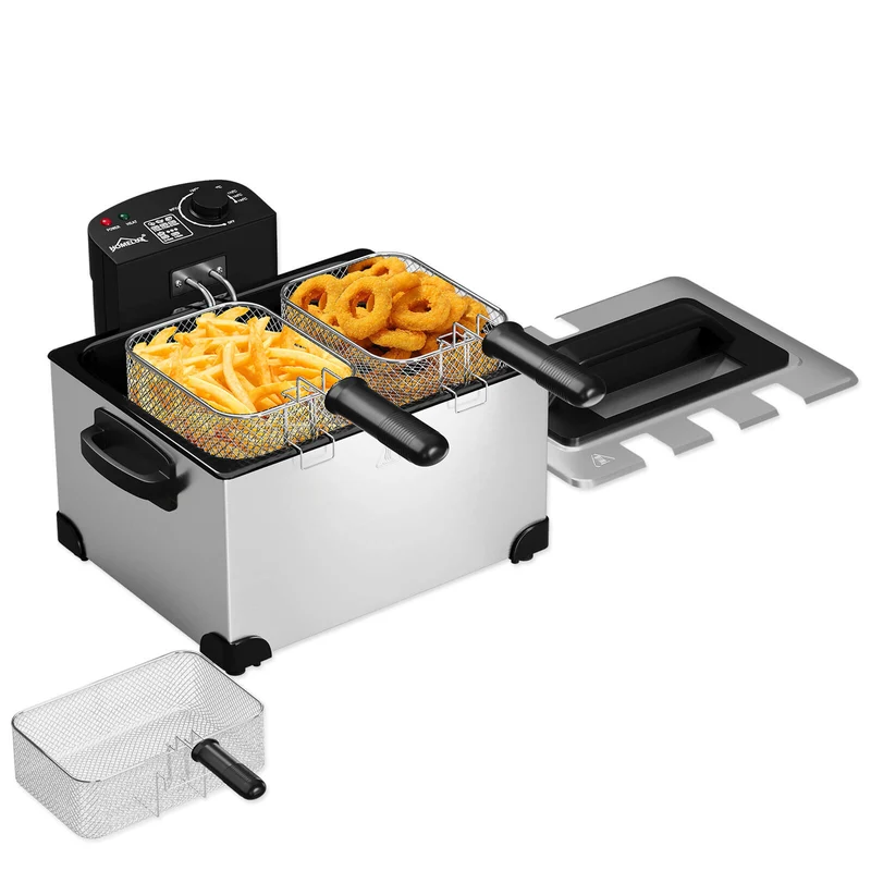 Double Fryer 5L Stainless Steel, 2000W, 0-190°C, for Large Families, 3 Baskets, Easy Cleaning, Window Lid