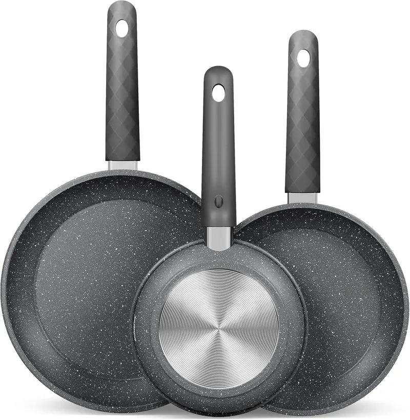 HOMELUX 3-tlg. Pfannenset Bratpfanne Ø20/24/28cm, beschichtete Pfannen mit Marmorbeschichtung, Induktion Pfanne, Pfannen für alle Herdarten, Grau