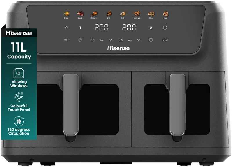 Hisense 11 Litre Dual Basket Air Fryer with Window and Colour Display
