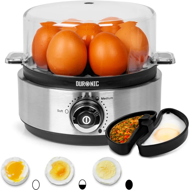 Duronic EB40 BK Eierkocher | Für 7 Eier | 400 Watt | Härtegrad von weich bis hart | Überhitzungsschutz und Timer | Inklusive Messbecher und Eipick