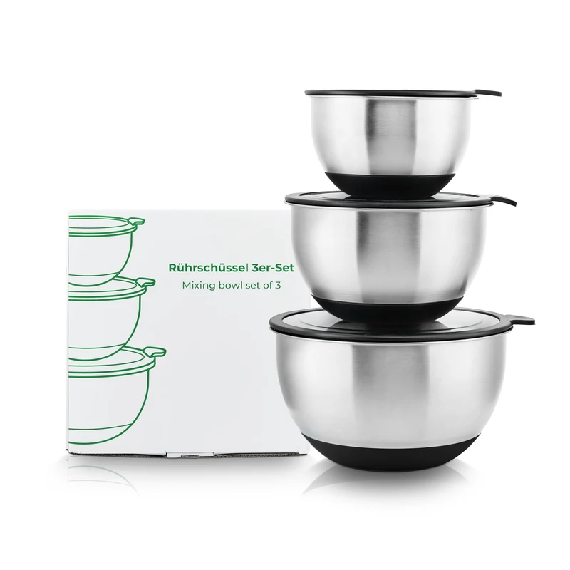 Edelstahl Rührschüssel 3er-Set mit Deckel | 1,5 L + 3 L + 5 L