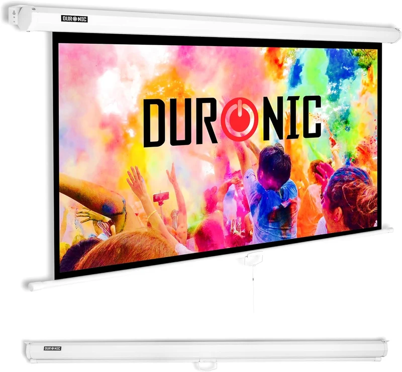 Duronic MPS90 16:9 Beamer Leinwand | 90 Zoll | 16:9 Heimkino | Gain +1 Rolloleinwand für Wand- oder Deckenmontage | 4K UHD, 3D, Full HD 1080p