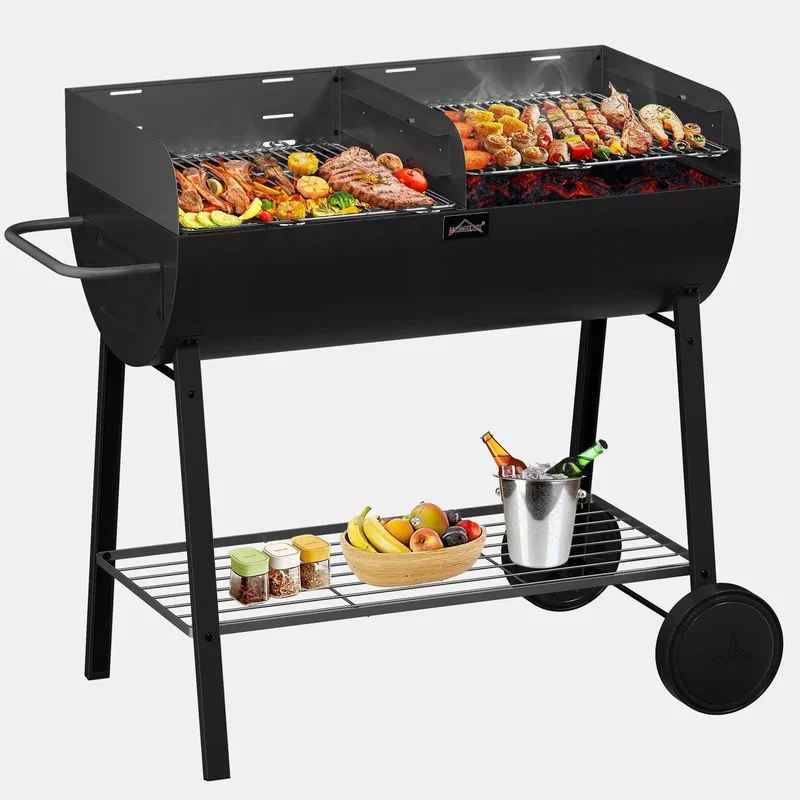 HOMELUX XXL Holzkohlegrill Mobiler Grillwagen mit 2 Grillflächen, höhenverstellbar, aus robustem Stahl mit Ablage