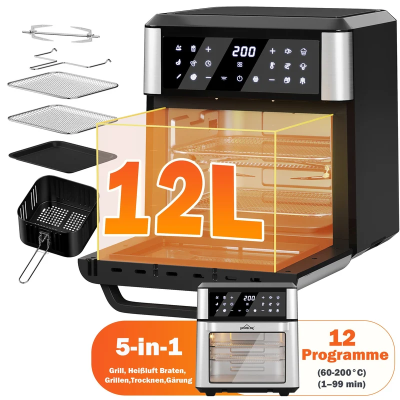 12L Air Fryer with Rotation Function, 12 Preset Programs and LED Display, 1800W Oven with Rotating Spit