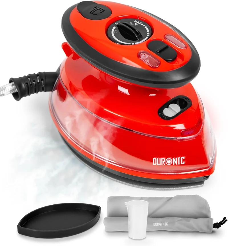 Duronic SI3 RD Mini Reisebügeleisen | 400W | Dampfbügeleisen 35ml Wassertank | Keramikfläche | 2 Betriebsspannungen | Rot
