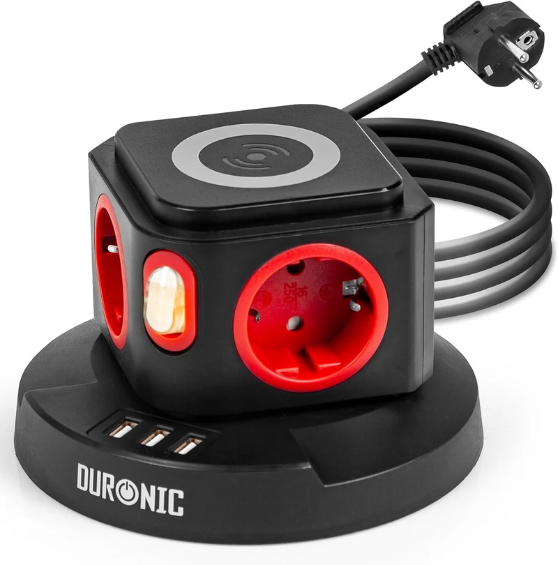 Duronic ET4W Mehrfachsteckdose mit 3 USB Ports und Wireless Charging | 4-Fach Steckdose 3680W 16A | Überspannungsschutz | 1,8 m Kabel