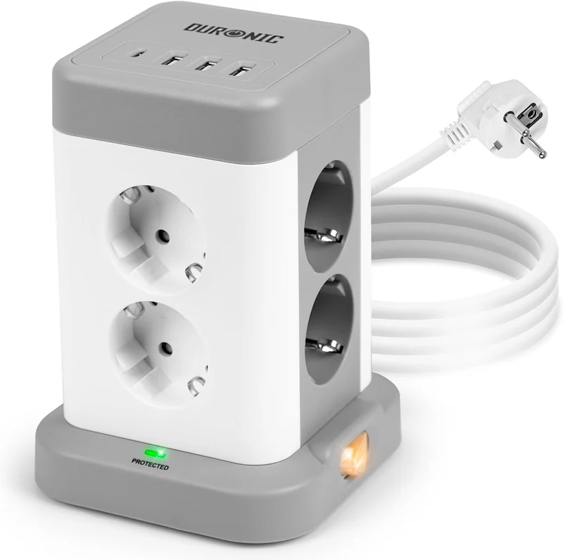 Duronic ET8C Mehrfachsteckdose | Steckdosenwürfel mit 3 USB A Ports und 1 USB C Port (3A) | 8-Fach Steckdose 3680W 16A