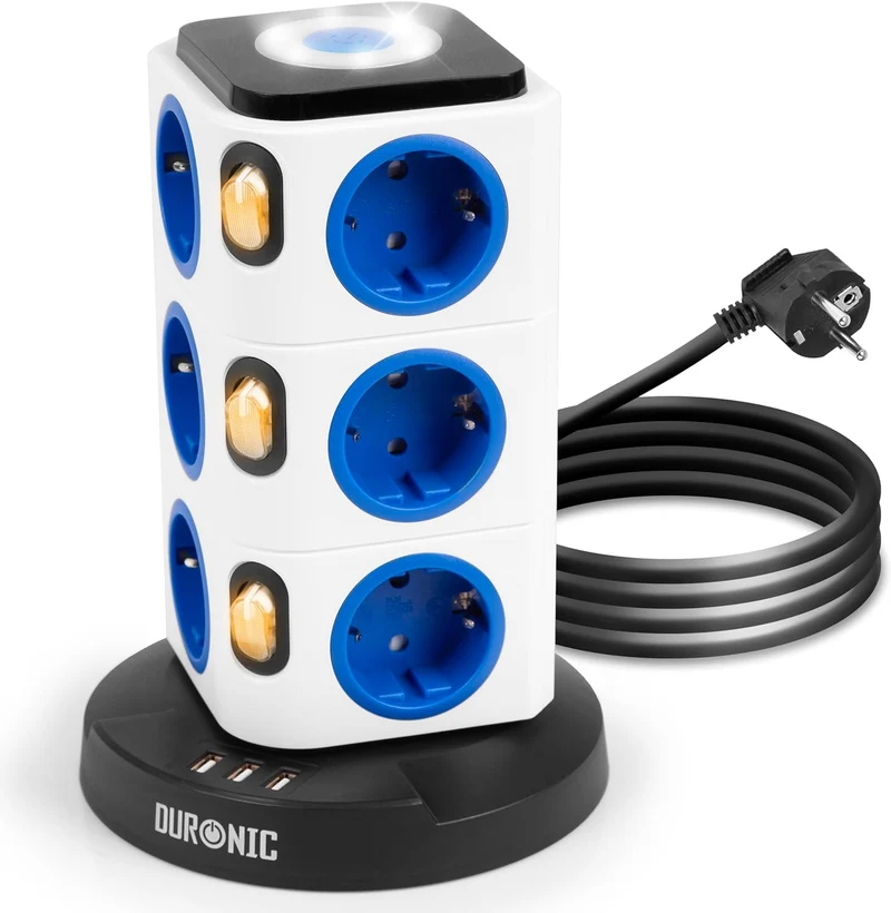 Duronic ET12L Mehrfachsteckdose | Steckdosenwürfel mit 3 USB Ports und touch-sensitives Nachtlicht | 12-Fach Steckdose 3680W 16A