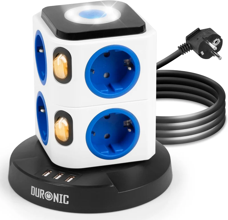 Duronic ET8L Mehrfachsteckdose | Steckdosenwürfel mit 3 USB Ports und touch-sensitives Nachtlicht | 8-Fach Steckdose 3680W 16A