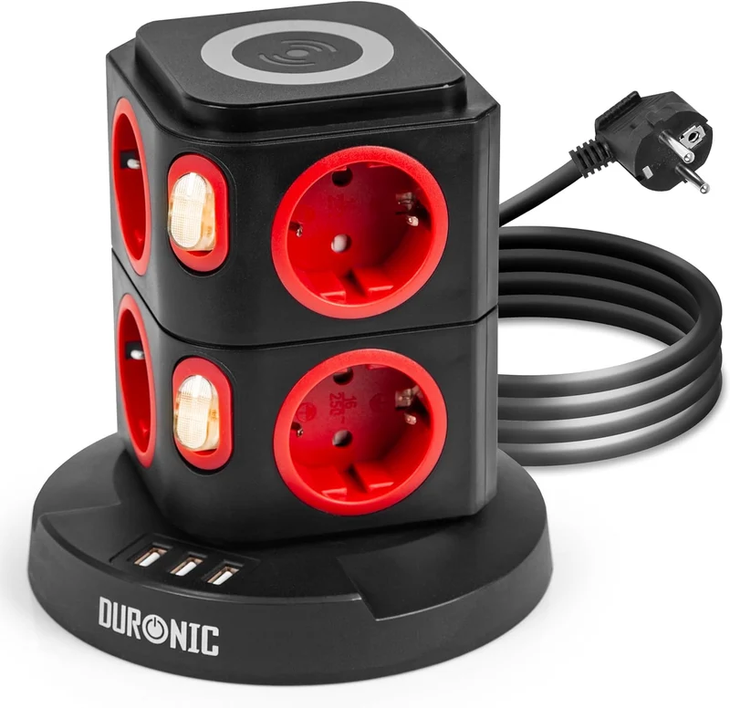 Duronic ET8W Mehrfachsteckdose | Steckdosenwürfel mit 3 USB Ports und Wireless Charging | 8-Fach Steckdose 3680W 16A