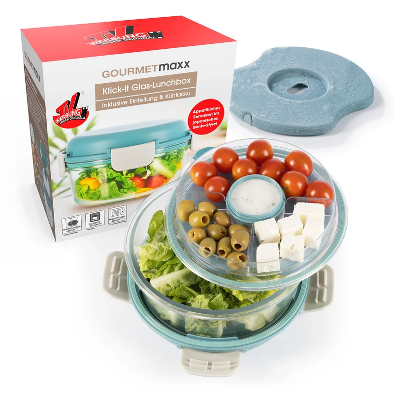 Glas-Lunchbox Klick-it mit Kühlakku - 950 ml - grau/grün