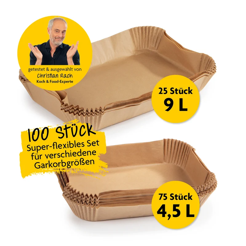 Backpapierschalen für Heißluftfritteusen 2er-Set (4,5 & 9 Liter) - 100 Stück mit 2 Rezeptideen
