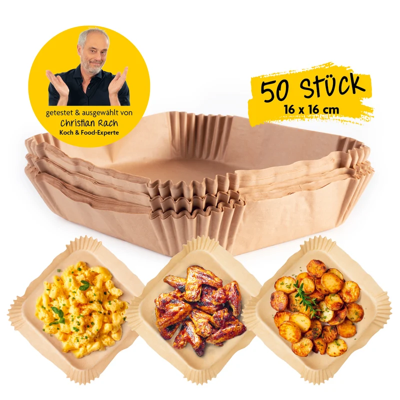 Backpapierschalen für Heißluftfritteusen (2–5 l) - 50 Stück à 16 x 16 x 4,5 cm mit 2 Rezeptideen