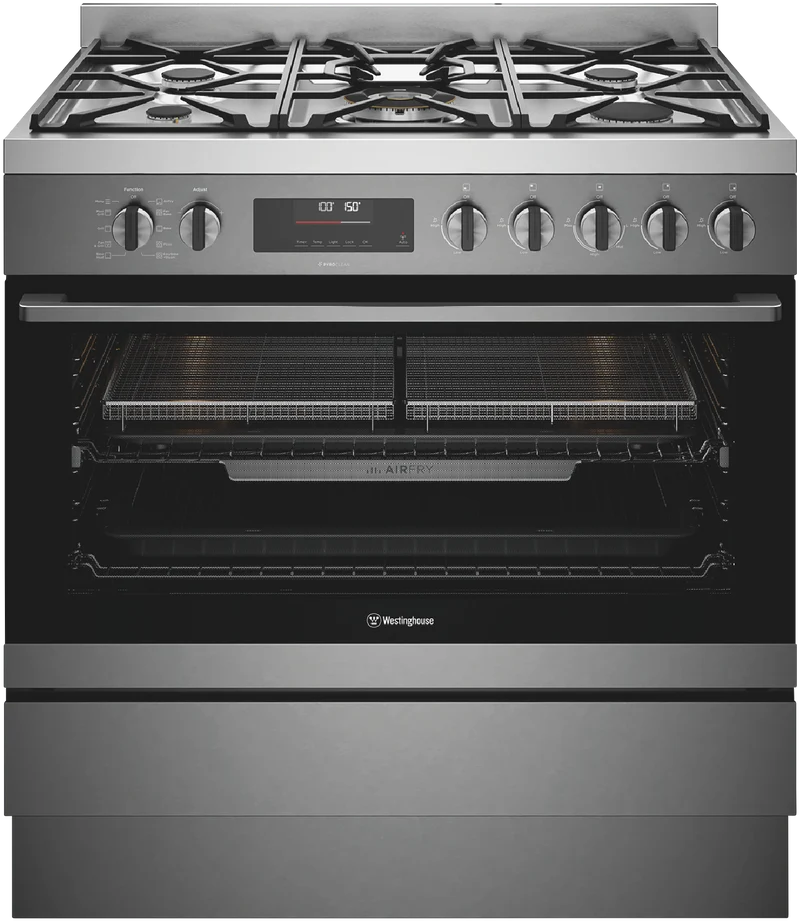 Westinghouse 90cm Dual Fuel Pyrolytic Steam Freestanding Cooker with Airfry Dark Stainless Steel