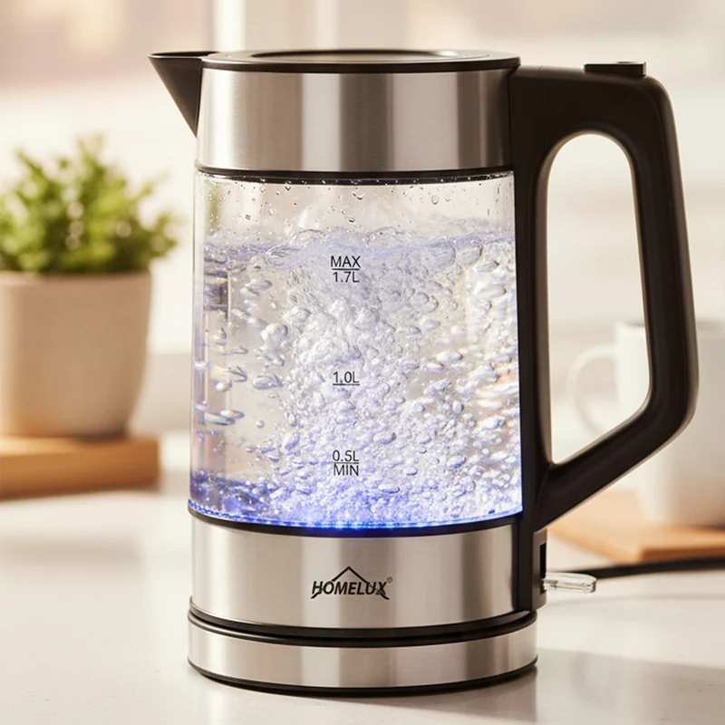 HOMELUX 1.7L Glass Kettle with Blue LED, 2200W, Borosilicate Glass, Stainless Steel, BPA-free, Automatic Shut-off & Dry Protection