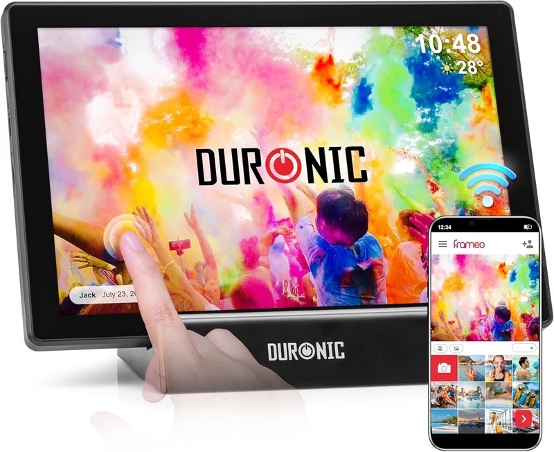 Duronic PF1D BK digitaler Bilderrahmen, Frameo WiFi mit 32GB Speicher, 10 Zoll Display, 800 x 1280 IPS Auflösung