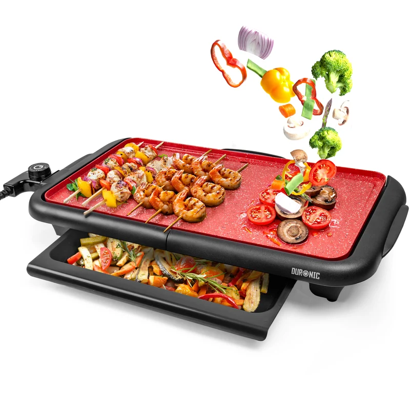 Duronic GP25 elektrischer Tischgrill 2000W | Antihaftbeschichtung, extragroße Grillfläche, Teppanyaki, rot