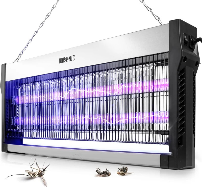 Duronic FK2X10 Elektrischer Fliegenfänger | Großer UV-Insektenvernichter mit zwei UV-Spektren, herausnehmbarer Auffangschale, Aufhängekette, 16W energiesparend