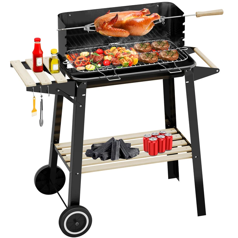 Holzkohle Grillwagen mit Drehspieß, Edelstahlrost, 5 Höhenstufen, mobiler BBQ Grill mit 2 Holzablagen & Rädern