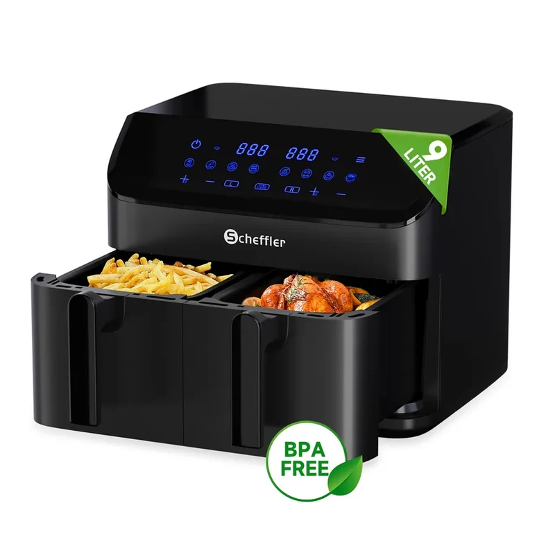 Scheffler Heißluftfritteuse 2 Kammern 9L Airfryer, 8 Programme Dual Cook & Sync Finish