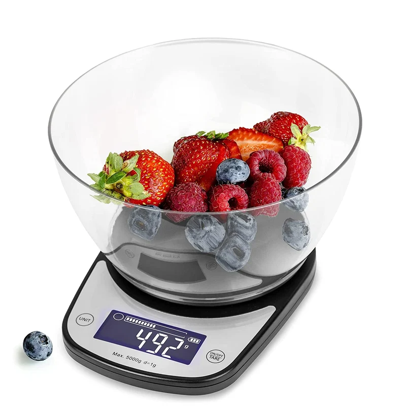 Duronic KS5000 BK/CR Küchenwaage | 5 kg Digitalwaage oval mit 2,5 L abnehmbarer Schüssel | 1 g grammgenau Präzision-Feinwaage | Haushaltswaage mit Tara-Funktion | Digitale Waage mit Hold-Funktion