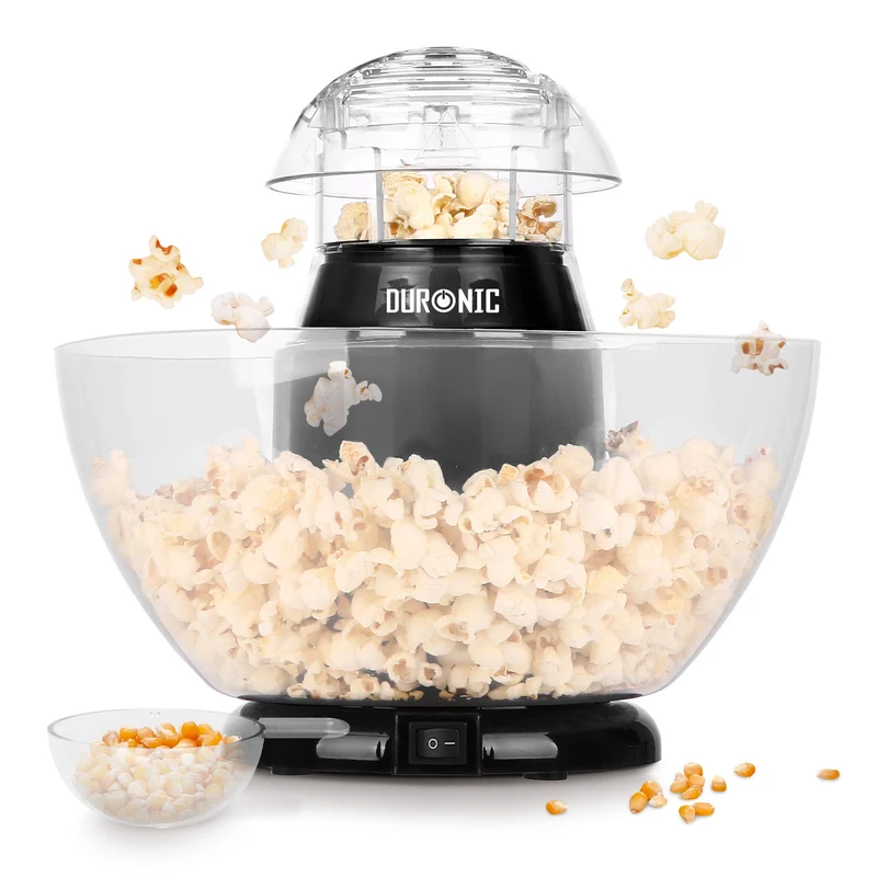 Duronic POP50 BK Popcornmaschine | Heißluft ohne Fett & Öl | 1200 Watt | für 50 Gramm Mais | abnehmbare Schüssel | Schwarz