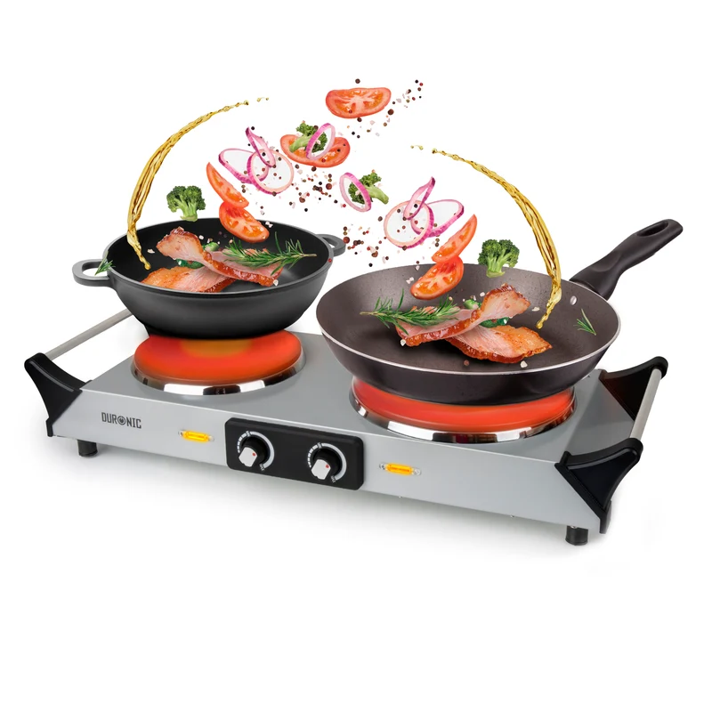 Duronic HP2 SS Doppel Kochplatte | Elektrische Doppelkochplatte mit Griffen | 2 Kochfelder stufenlos regelbar | Campingkocher aus Edelstahl | 2500 W