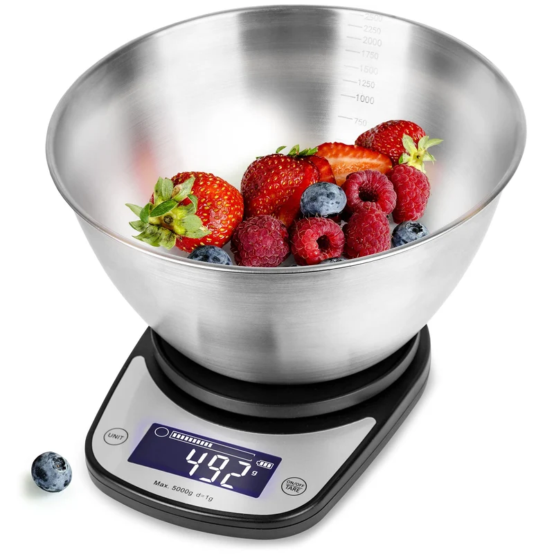Duronic KS5000 BK/SS Küchenwaage | 5 kg oval mit 2,5 L abnehmbarer Schüssel | 1 g Präzision | Tara- und Hold-Funktion