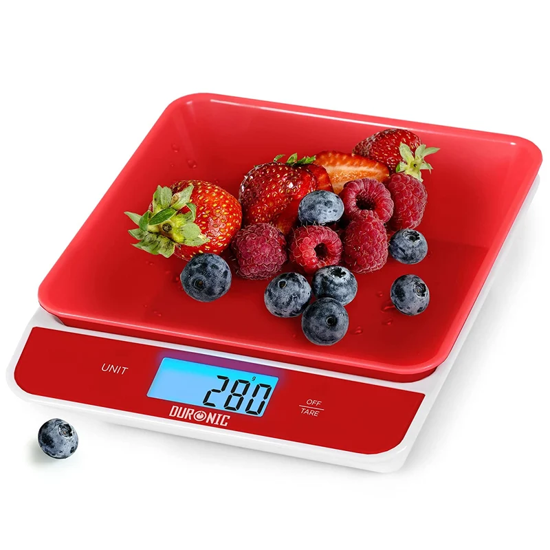 Duronic KS100 RD Küchenwaage | 5 kg mit 1,2 L abnehmbarer Schüssel | 1 g Präzision | Tara- und Hold-Funktion