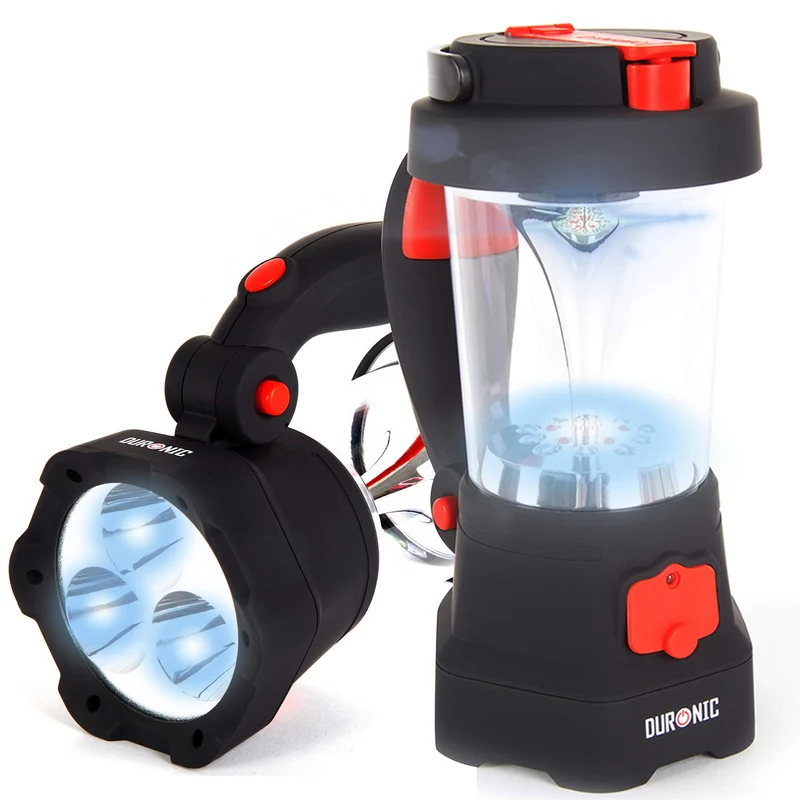 Duronic Hurricane Campinglampe | Taschenlampe mit Laterne und Notfallsignal | Wiederaufladbar mit Kurbel oder USB | Mit Powerbank Funktion und Haken