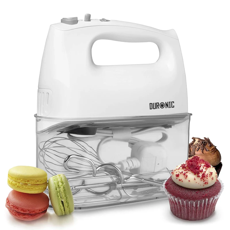 Duronic HM4 WE elektrischer Handmixer 400W | Mit Aufbewahrungsbox, Rührbesen, Knethaken, weiß