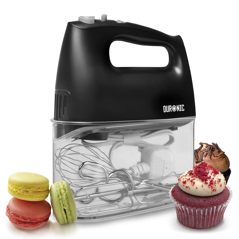 Duronic HM4 BK elektrischer Handmixer 400W | Mit Aufbewahrungsbox, Rührbesen, Knethaken, schwarz